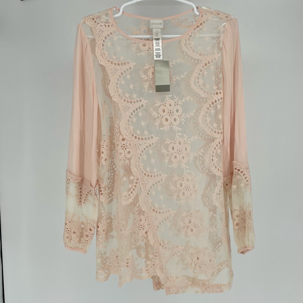CHICO’S NWT NOVELTY LACE TUNIC LONG SLEEVE FASHION TOP PALE DOGWOOD LIGHT BLUSH - Picture 2 of 12